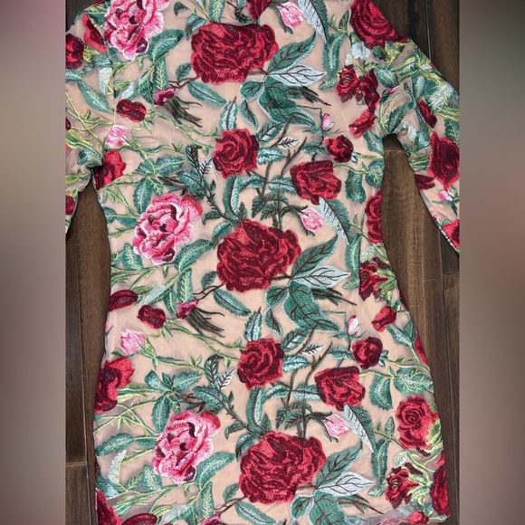 Size M Mock Neck Long Sleeve Mini Dress 3D Flowers Bodycon Tulle Red Pink Green - Picture 5 of 14